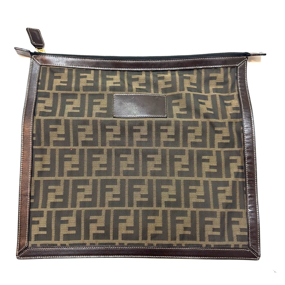 Fendi Brown Zucca Canvas Toiletry Pouch with Leather Trim
